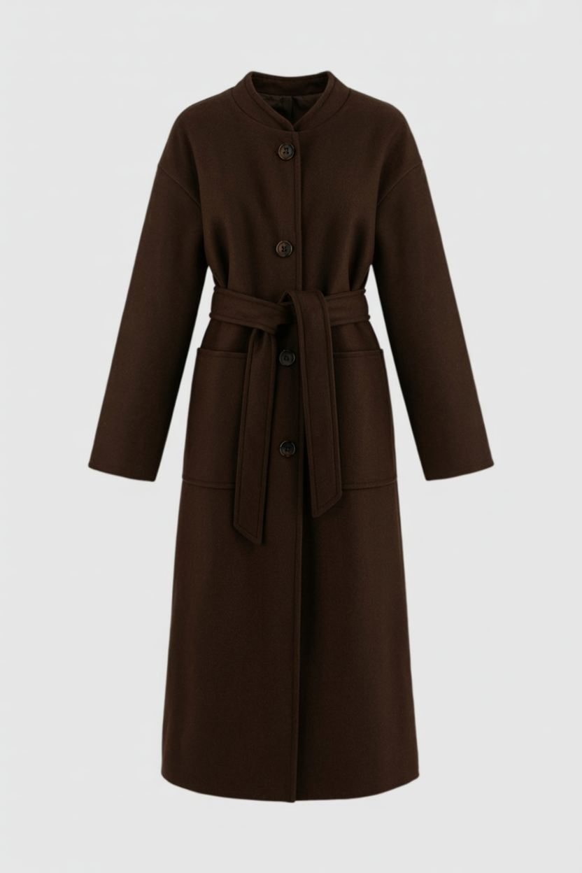Coat : Women's Long Brown Winter Coat - Crew Neck, Warm & Stylish in Brown van Vanda Liamo