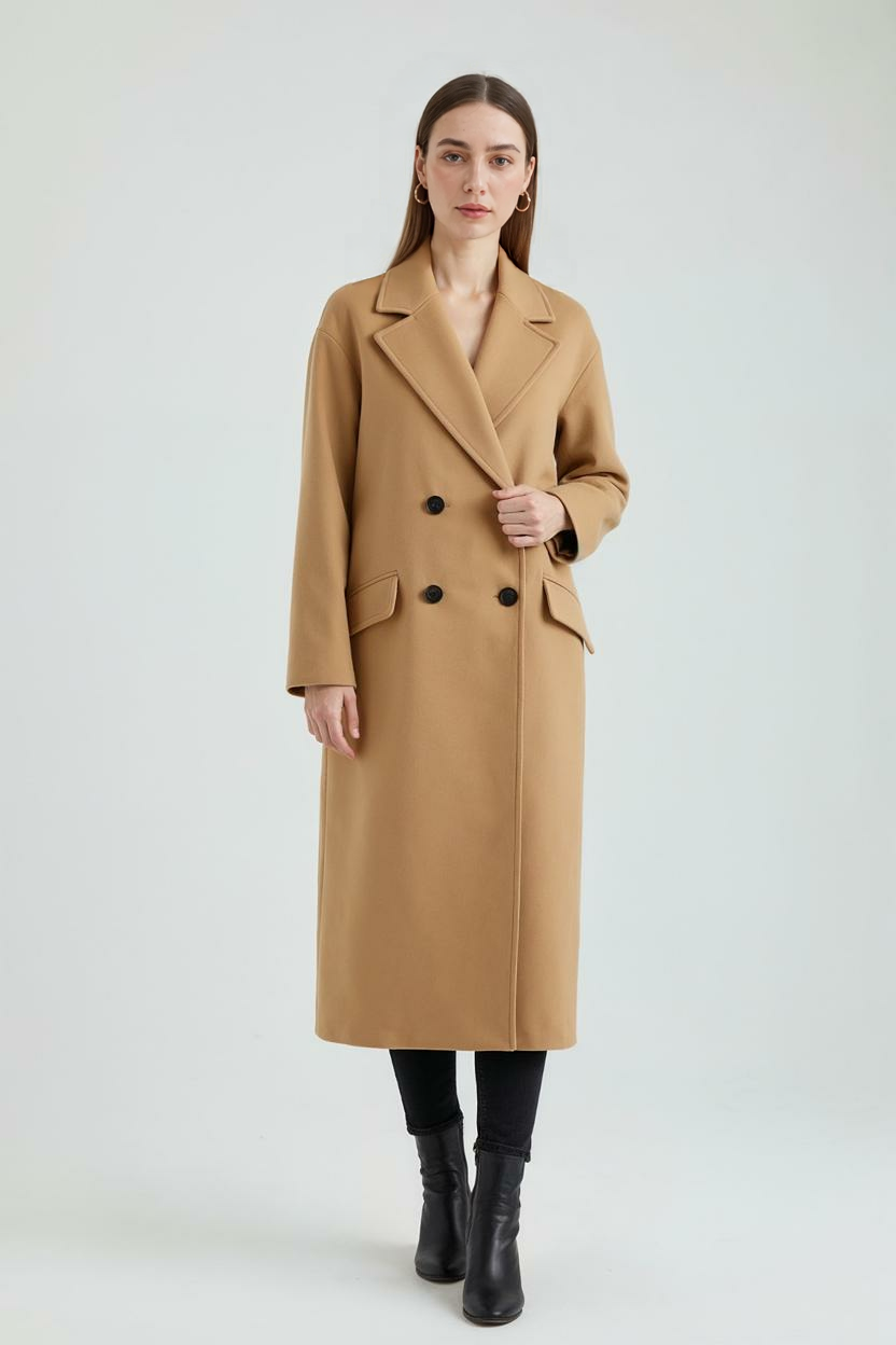 Coat : Women's Long Brown Double-Breasted Coat with Flip Collar in van Vanda Liamo
