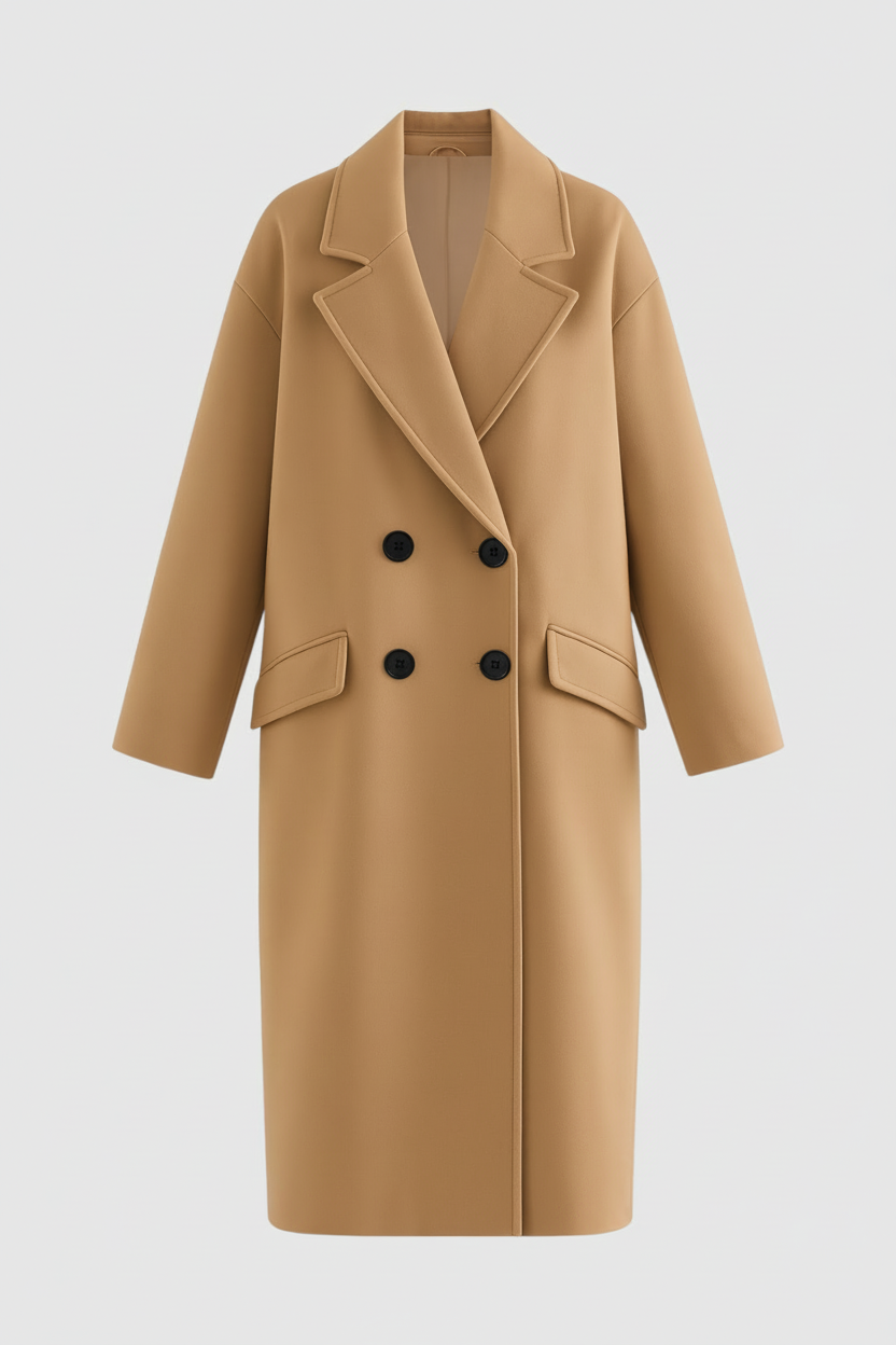 Coat : Women's Long Brown Double-Breasted Coat with Flip Collar in Brown van Vanda Liamo
