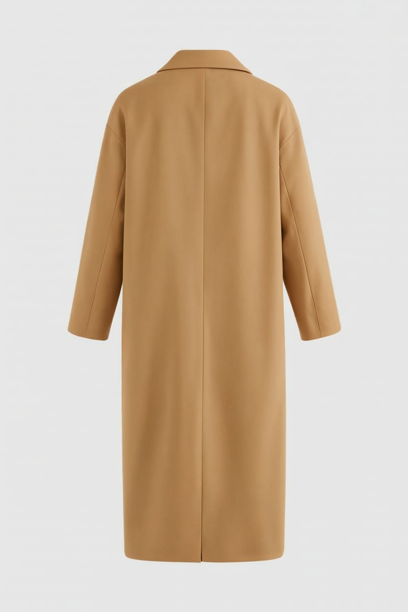 Coat : Women's Long Brown Double-Breasted Coat with Flip Collar in van Vanda Liamo