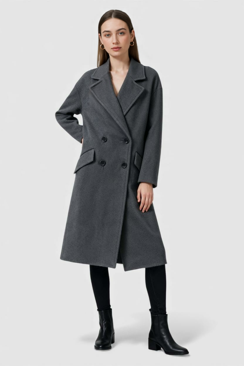Coat : Women's Long Dark Gray Winter Coat with Fold-Over Collar in van Vanda Liamo
