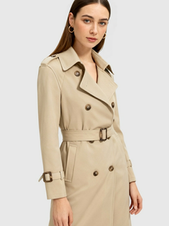 Women's Classic Khaki Double-Breasted Trench Coat with Belt - Long & Stylish