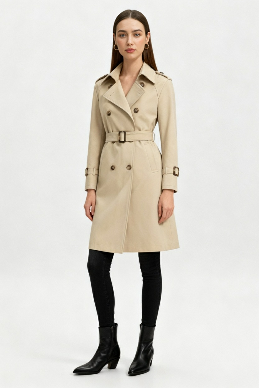 Coat : Women's Classic Khaki Double-Breasted Trench Coat with Belt - Long & Stylish in van Vanda Liamo