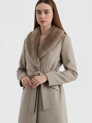 Women's Khaki Long Faux Fur Collar Winter Coat - Warm & Stylish Outerwear