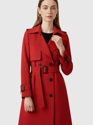 Women's Red Cotton Blend Double-Breasted Trench Coat with Belt - Long Raincoat