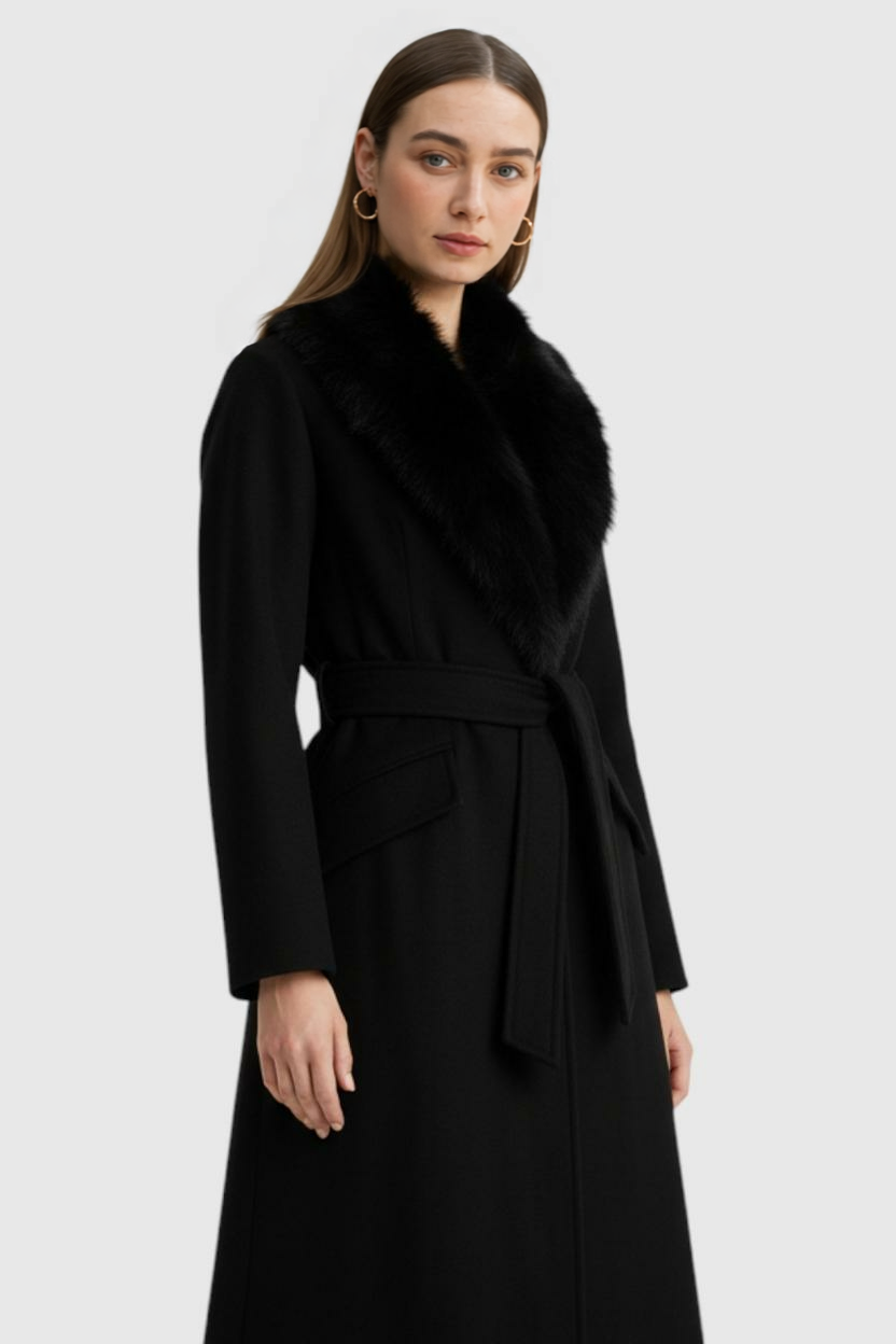 Coat : Women's Black Faux Fur Collar Long Wool Blend Winter Coat - Premium Quality, Fast Shipping in van Vanda Liamo