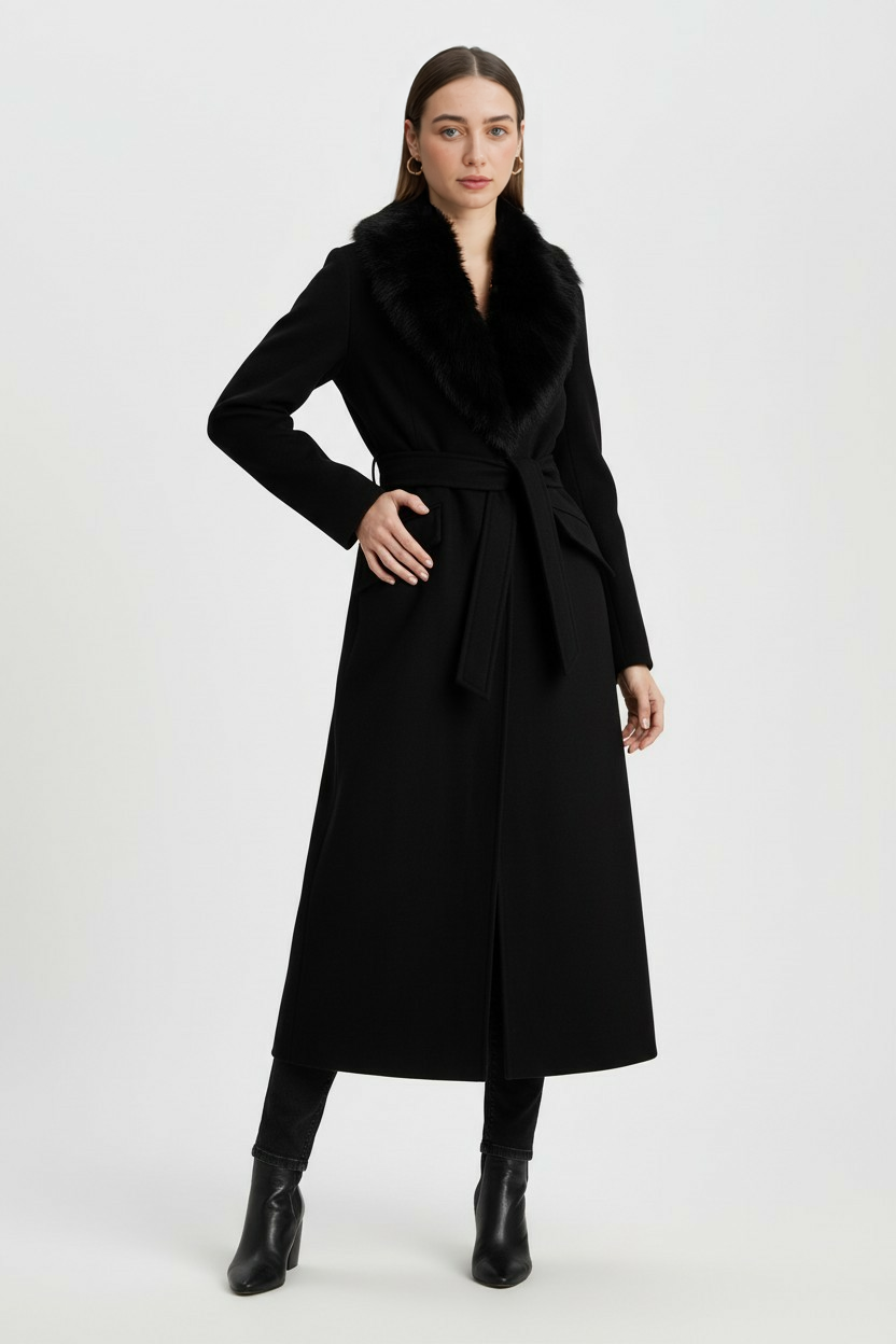Coat : Women's Black Faux Fur Collar Long Wool Blend Winter Coat - Premium Quality, Fast Shipping in van Vanda Liamo