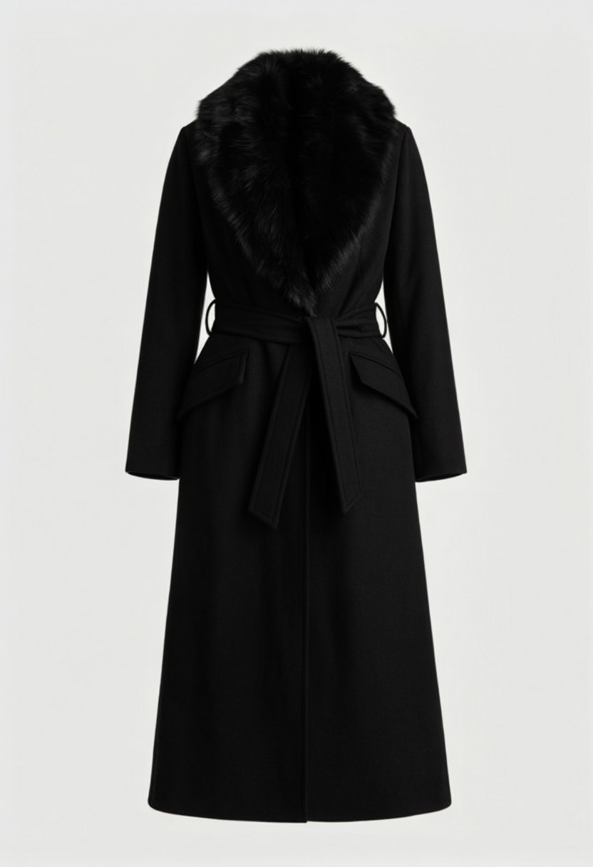 Coat : Women's Black Faux Fur Collar Long Wool Blend Winter Coat - Premium Quality, Fast Shipping in Black van Vanda Liamo