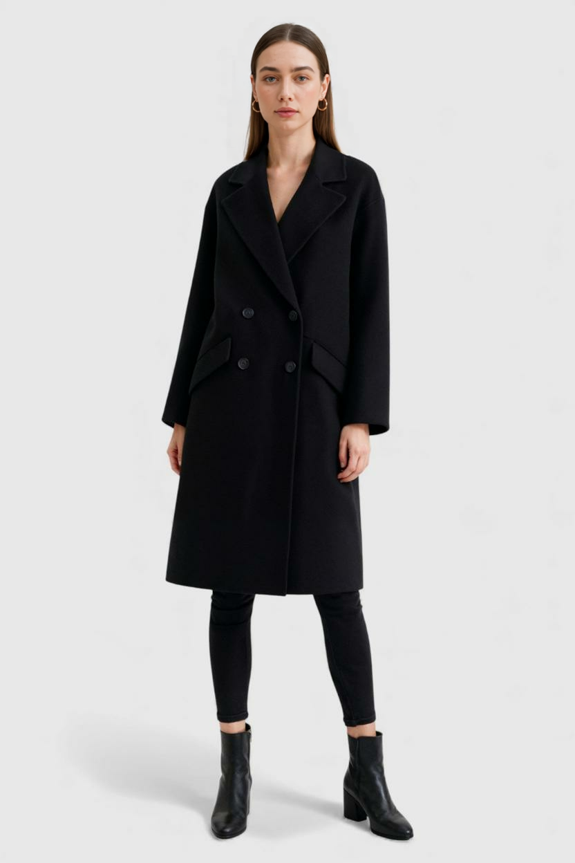 Coat : Women's Long Black Winter Coat with Fold-Over Collar in van Vanda Liamo