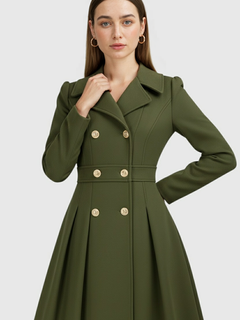 Women's Army Green Double-Breasted Trench Coat with Belt, Warm Lining & Pockets