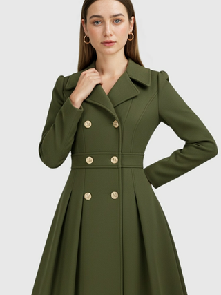 Women's Army Green Double-Breasted Trench Coat with Belt, Warm Lining & Pockets