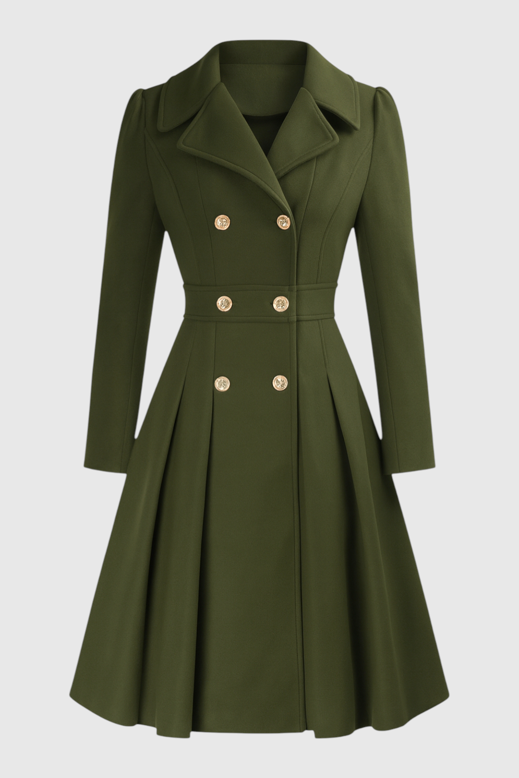 Coat : Women's Army Green Double-Breasted Trench Coat with Belt, Warm Lining & Pockets in Army Green van Vanda Liamo