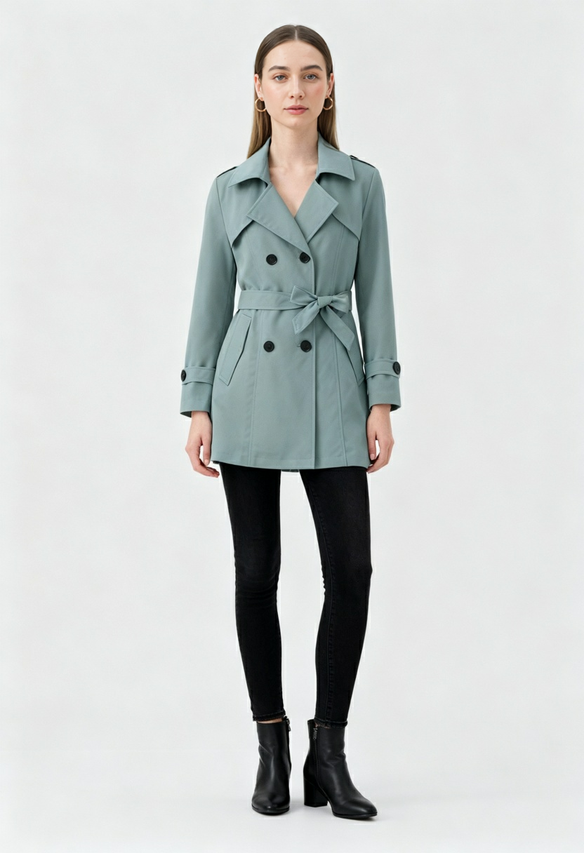 Coat : Women's Light Green Belted Trench Coat - Classic Mid-Length Spring Outerwear in van Vanda Liamo