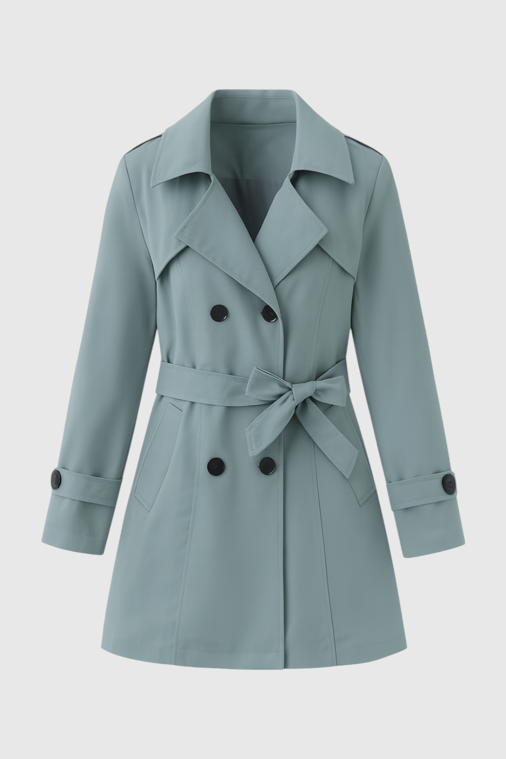 Coat : Women's Light Green Belted Trench Coat - Classic Mid-Length Spring Outerwear in Light Green van Vanda Liamo