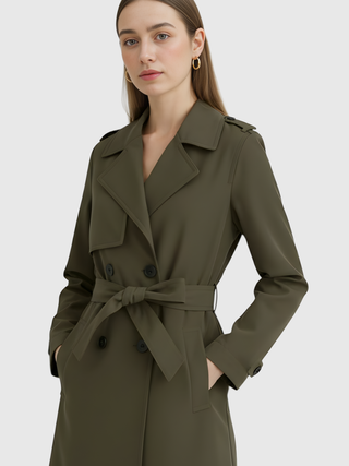 Women's Olive Green Classic Double-Breasted Trench Coat - Premium Quality, Fast Shipping