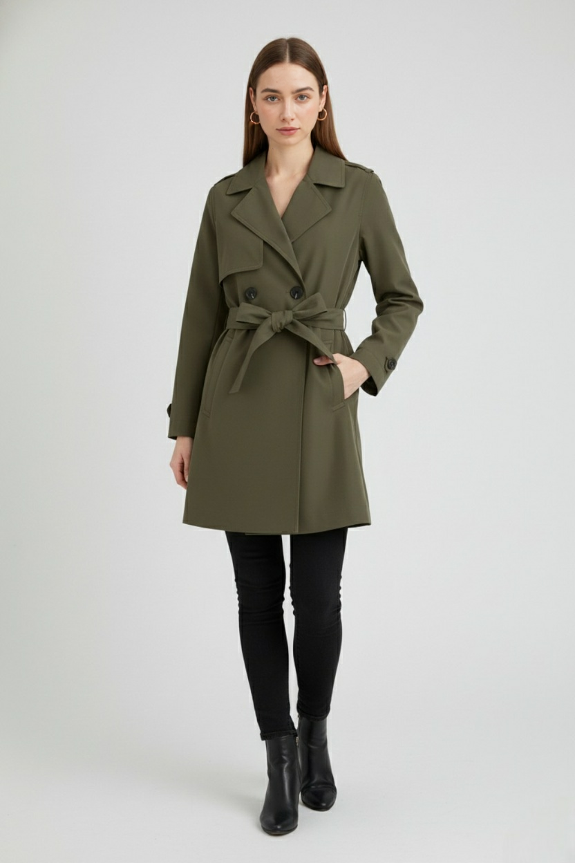 Coat : Women's Olive Green Classic Double-Breasted Trench Coat - Premium Quality, Fast Shipping in van Vanda Liamo
