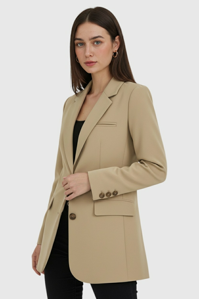 Coat : Women's Slim Fit Beige Blazer Jacket - Lightweight & Stylish in van Vanda Liamo
