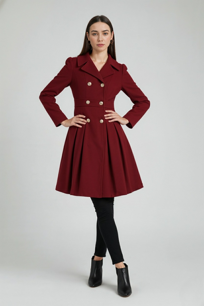 Coat : Women's Burgundy Wool Blend Trench Coat - Warm Winter Jacket in van Vanda Liamo
