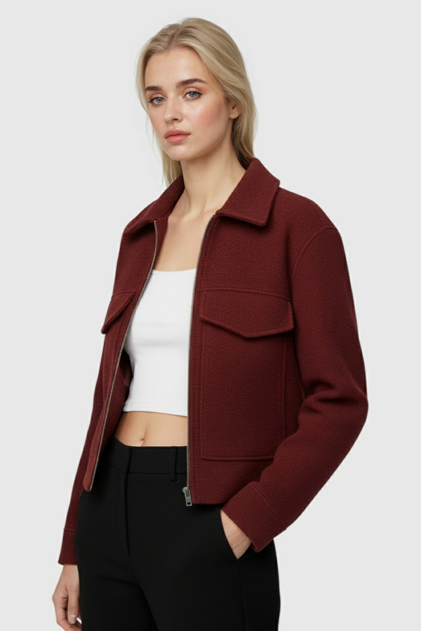 Women's Wine Red Full-Zip Fleece Jacket - Soft & Warm