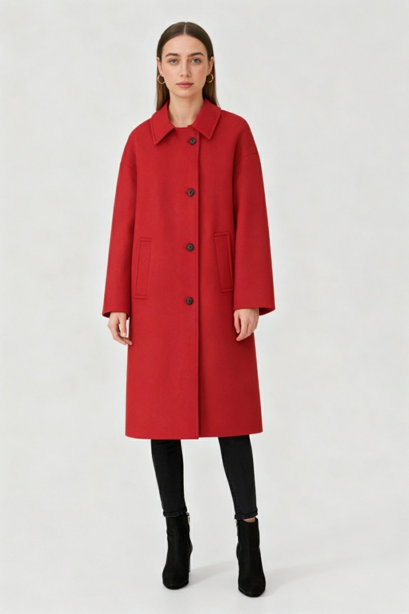 Coat : Women's Red Loose Fit Casual Coat in van Vanda Liamo