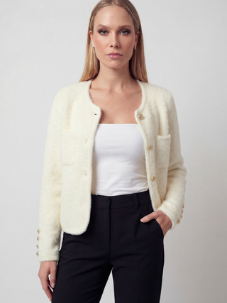 Women's White Soft Knit Crew Neck Cardigan Sweater - Lightweight & Comfortable