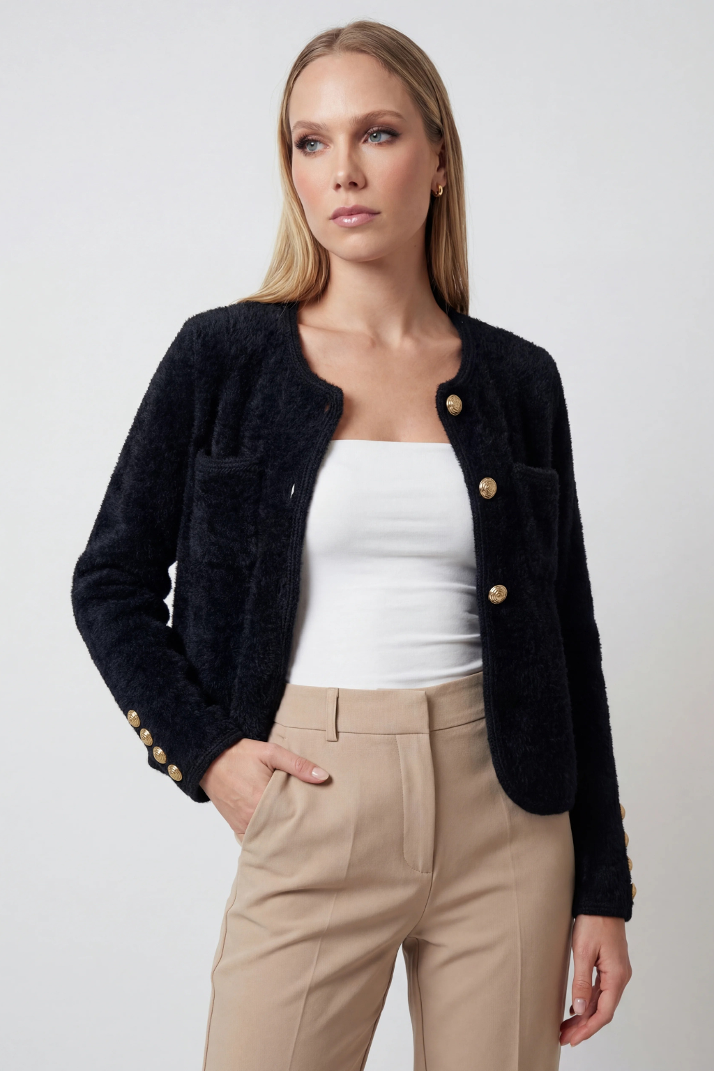 Cardigan : Women's Soft Crew Neck Black Cardigan in van Vanda Liamo