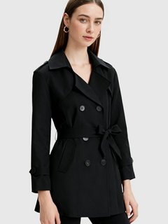 Women's Black Double-Breasted Trench Coat - Mid-Length, Water-Resistant