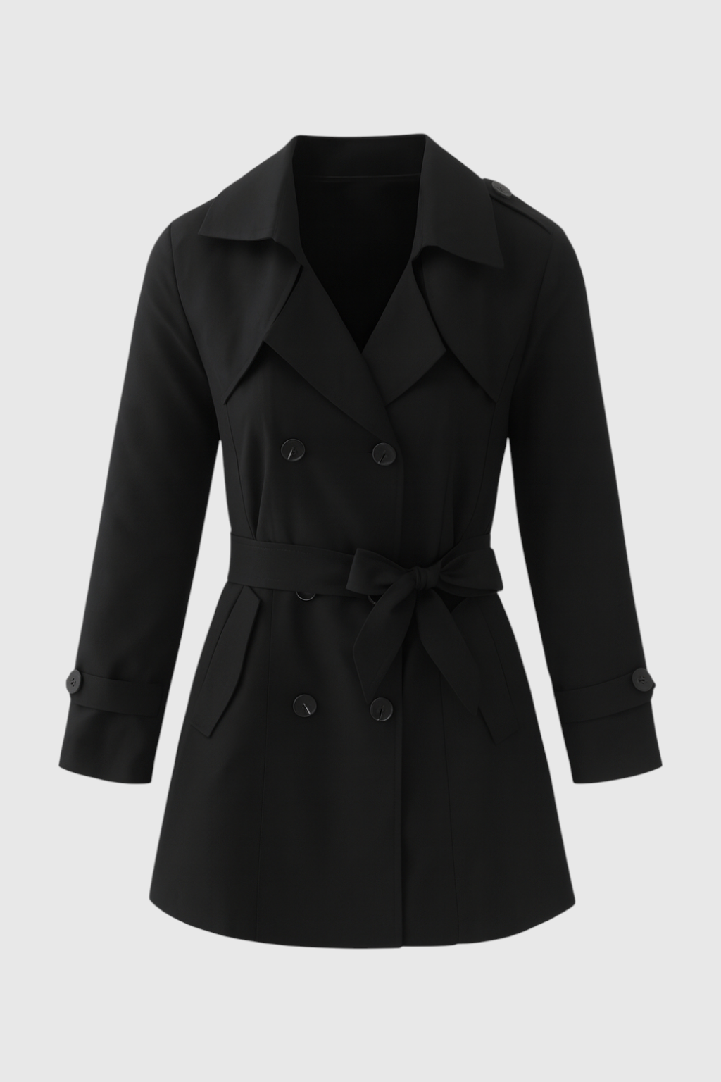 Coat : Women's Black Double-Breasted Trench Coat - Mid-Length, Water-Resistant in Black van Vanda Liamo
