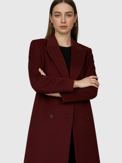 Women's Burgundy Slim-Fit Wool Blend Winter Coat - Warm & Stylish