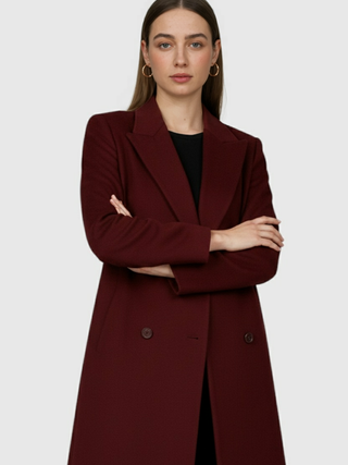 Women's Burgundy Slim-Fit Wool Blend Winter Coat - Warm & Stylish