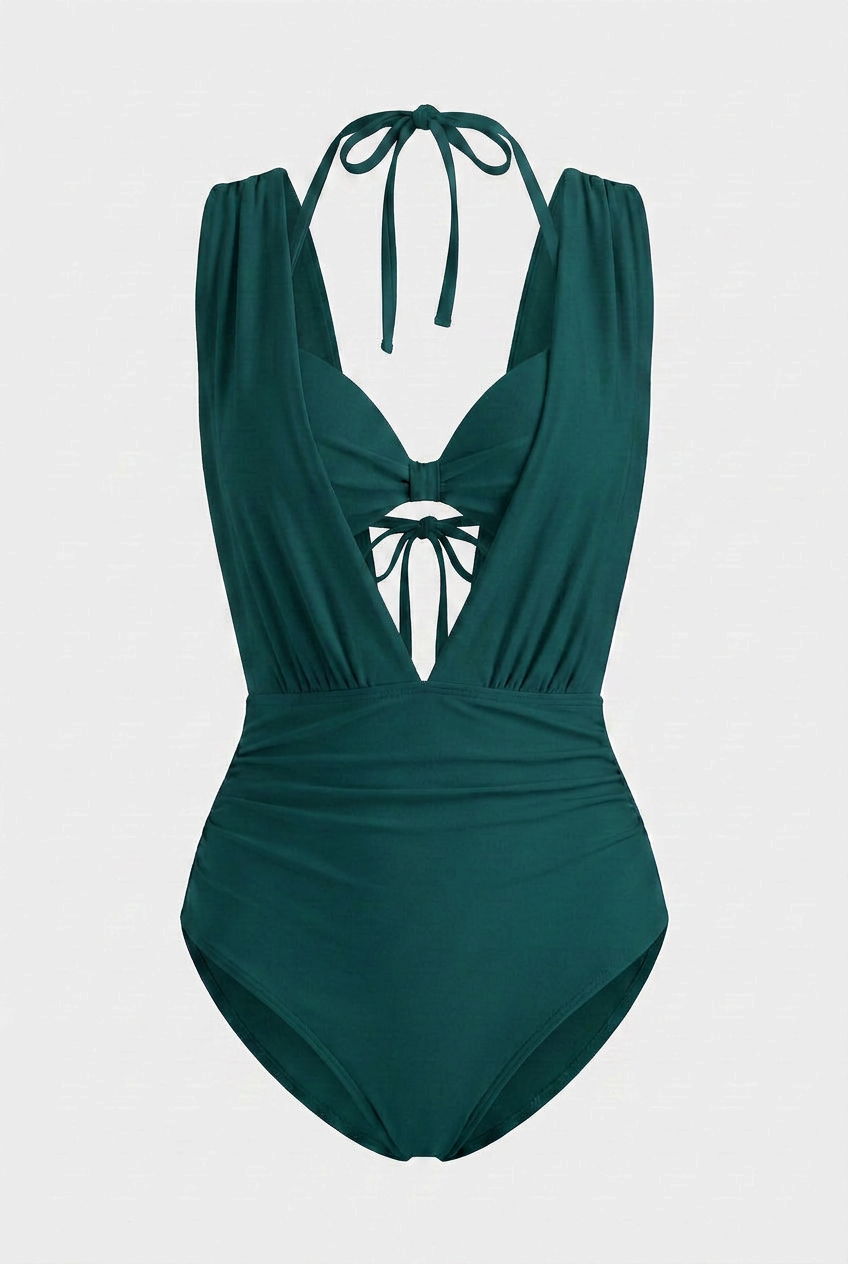 Swimwear : Deep Green Ruched Bathing Suit – Supportive Low-Cut Halter Swimwear in Green van Vandaliamo