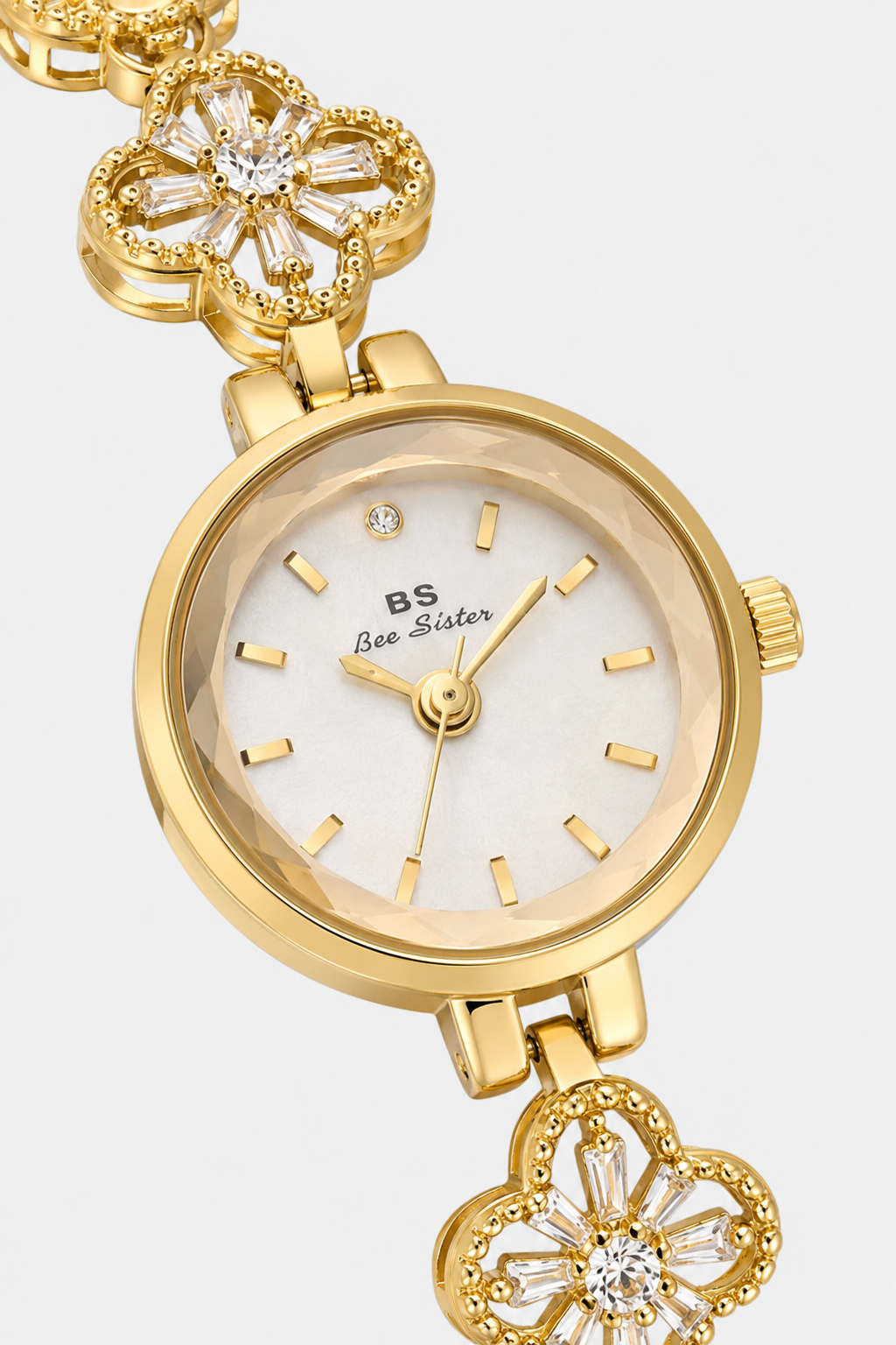 Elegant Clover-Link Watch – Radiant Dial with Jeweled Floral Bracelet