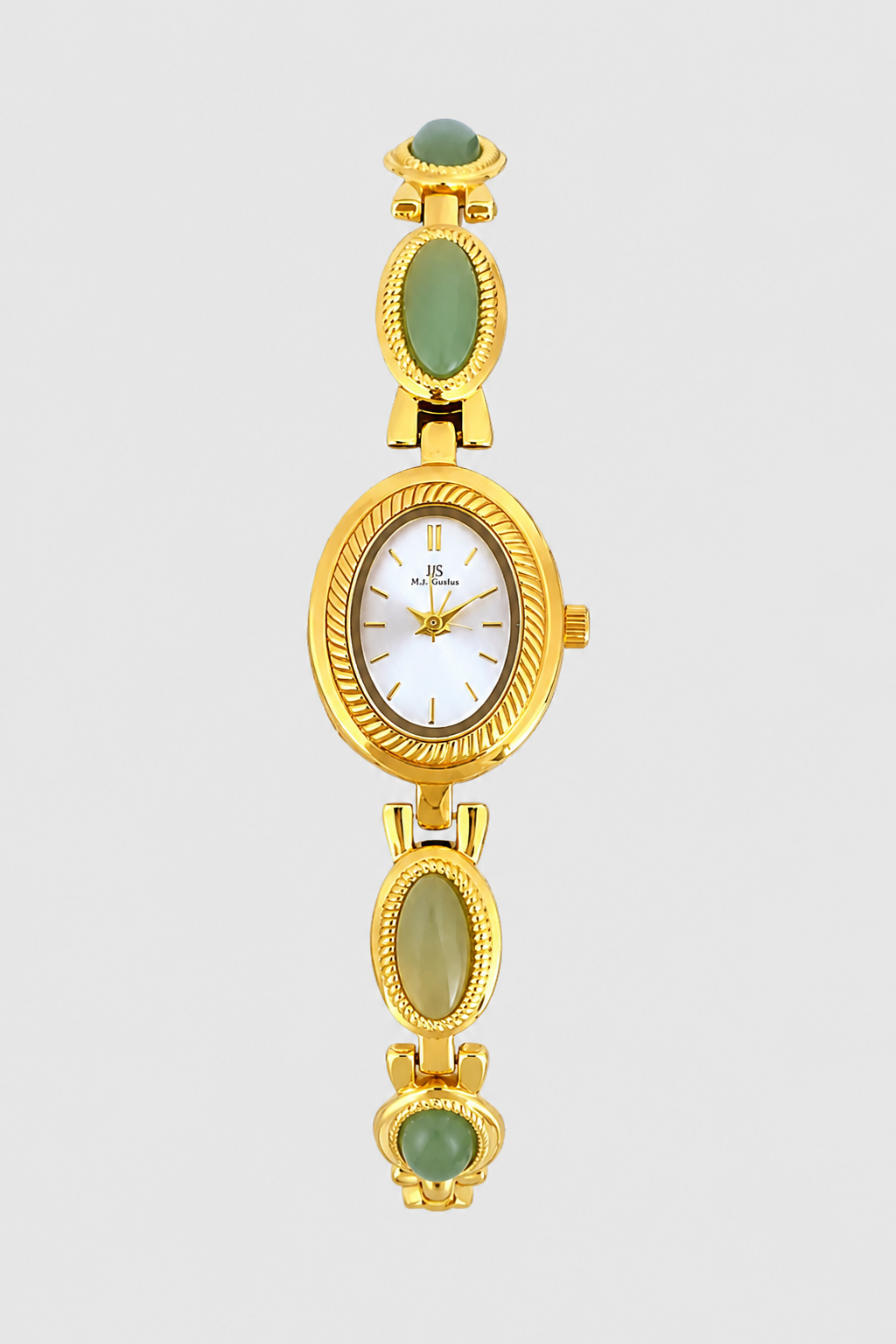 Elegant Oval Watch – Textured Bezel with Polished Cabochons