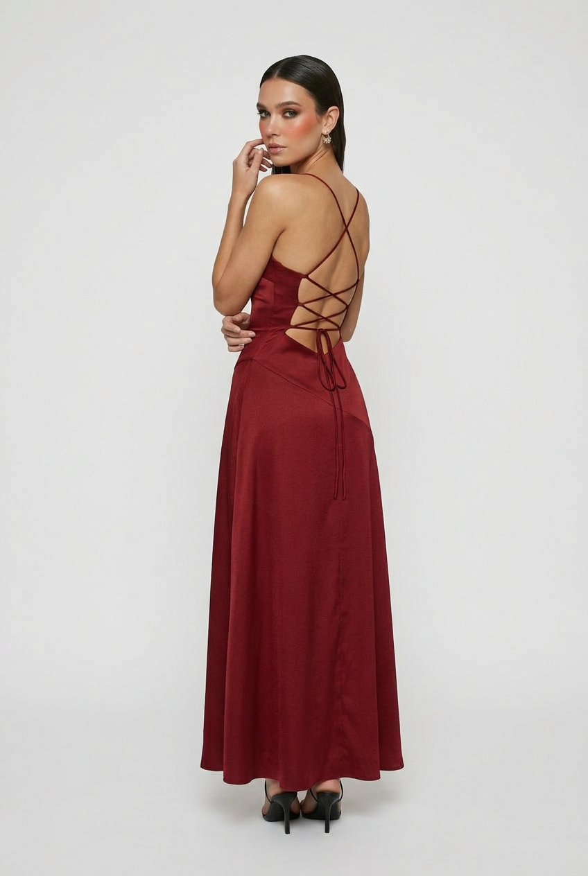 Maxi Dresses : Women's Wine Red Lace-Up Backless Formal Maxi Evening Gown Dress in van Vanda Liamo