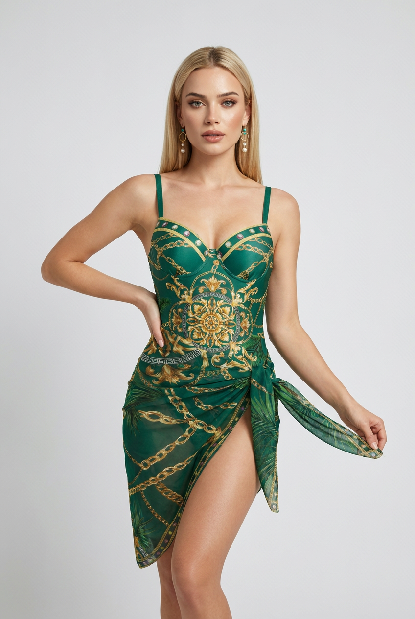 Swimwear : Women's Emerald Green Vintage Monokini Swimsuit with Sheer Wrap Skirt in van Vandaliamo