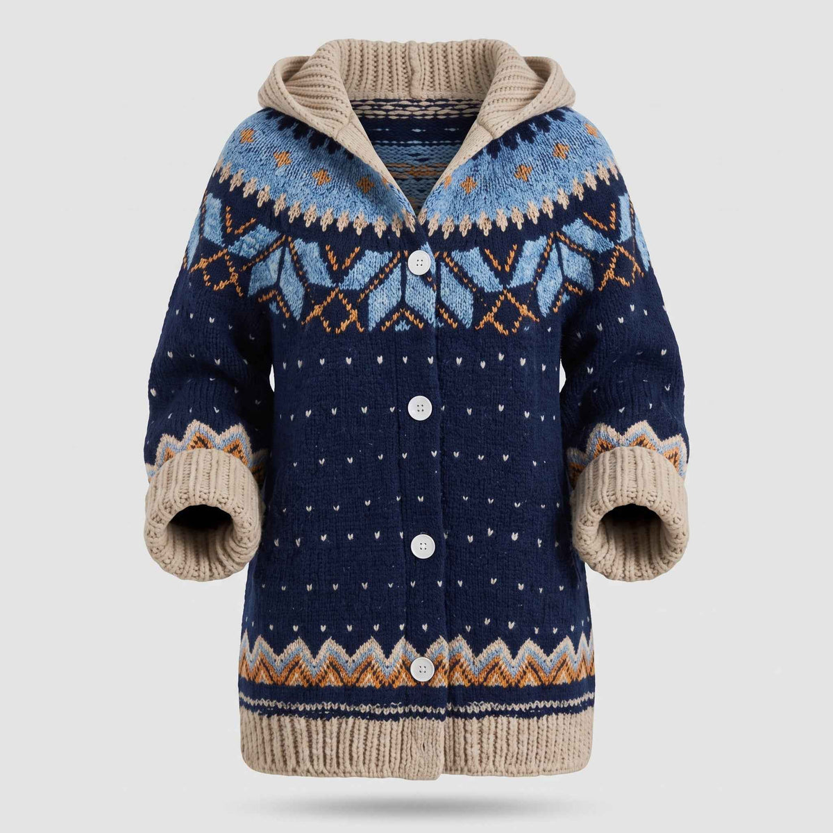 Fashion : Women's Hooded Knit Cardigan with Fair Isle Pattern in Blue van Vanda Liamo