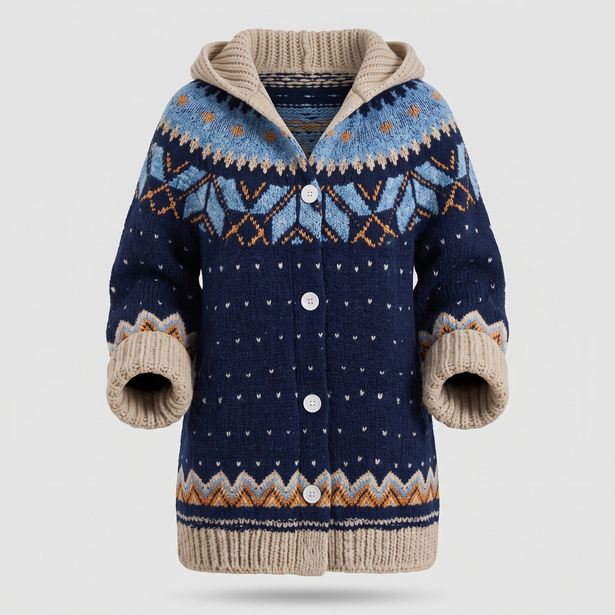 Fashion : Women's Hooded Knit Cardigan with Fair Isle Pattern in Blue van Vanda Liamo