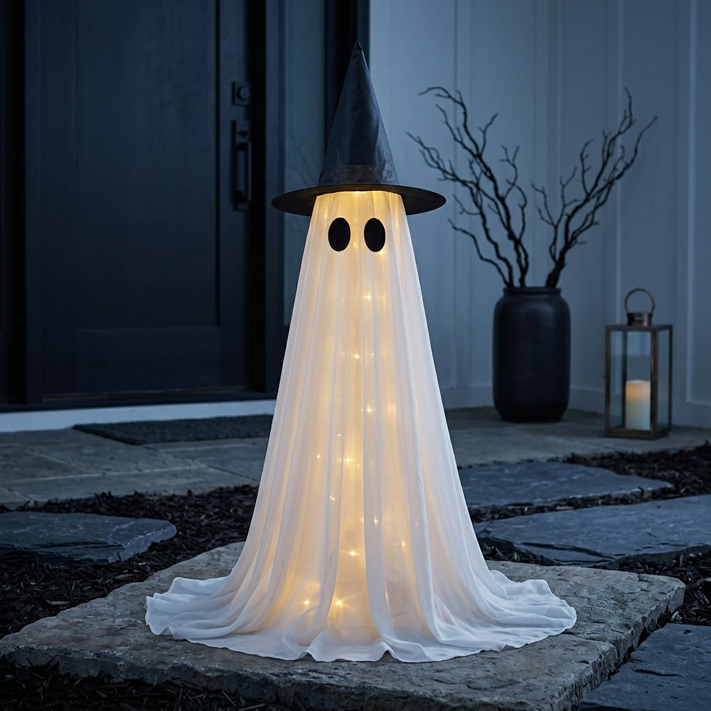 Glowing Ghost with Witch Hat - LED Halloween Decoration