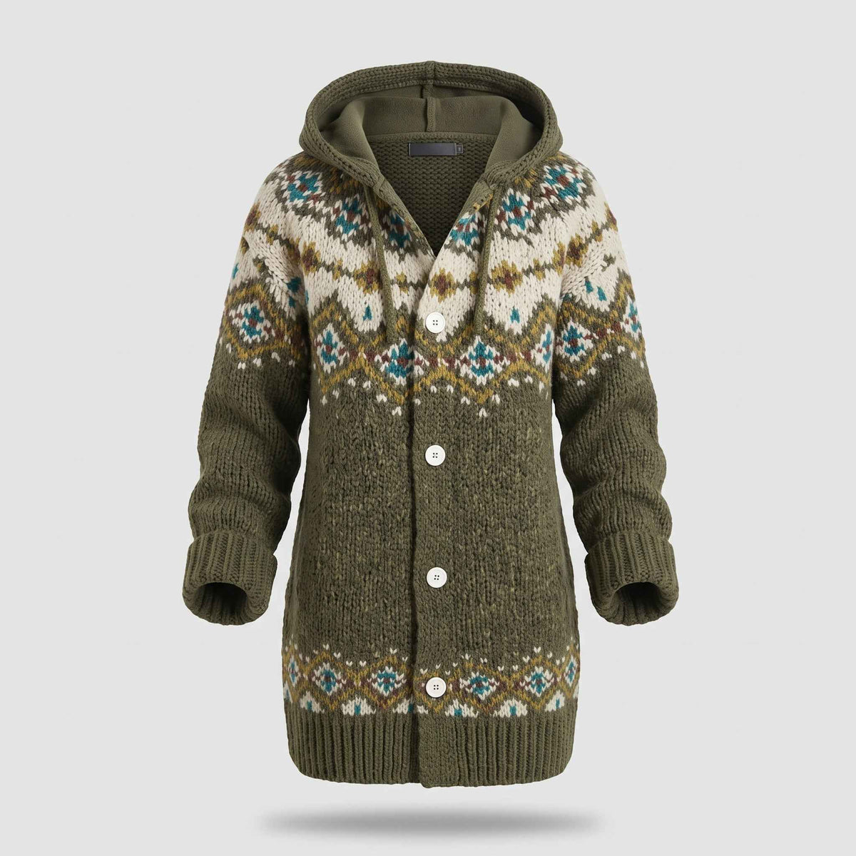 Fashion : Women's Hooded Knit Cardigan with Fair Isle Pattern in Green van Vanda Liamo