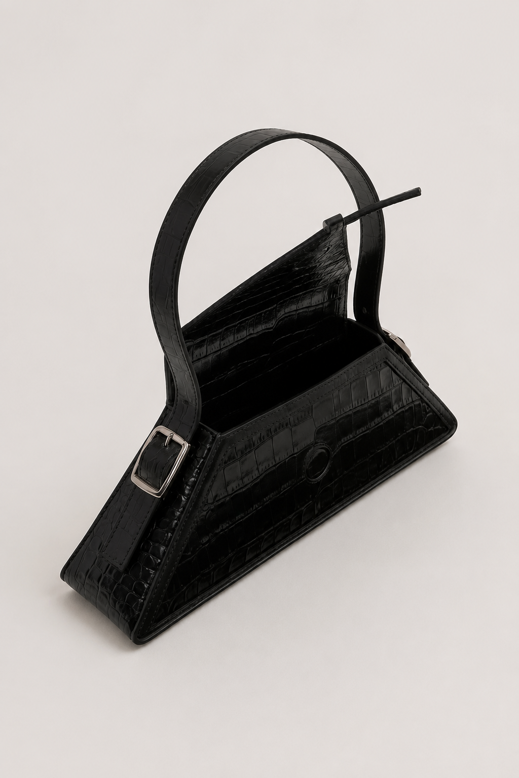 Geometric Triangular Mini Handbag – High-Shine Embossed Finish with Slender Handle