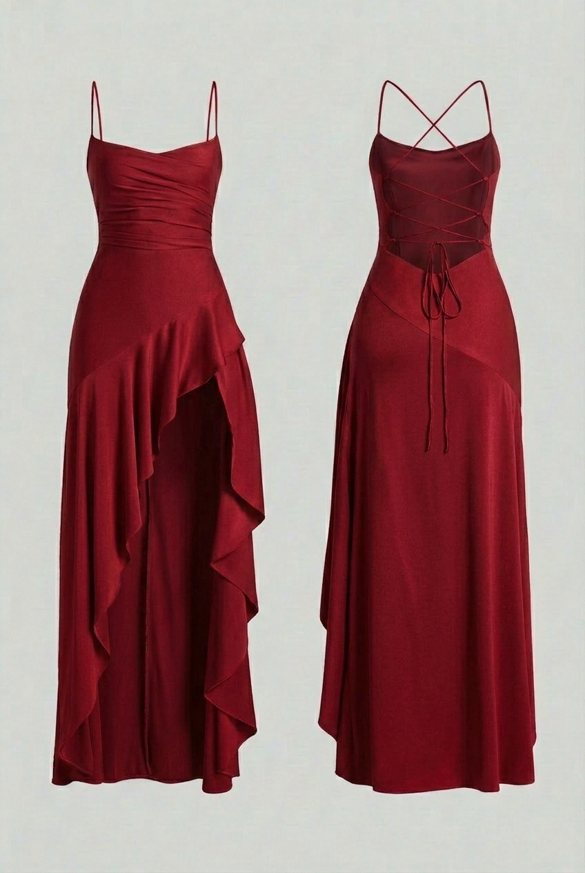 Maxi Dresses : Women's Red Asymmetric Hem Maxi Dress - Flowy & Elegant in Red van Vanda Liamo