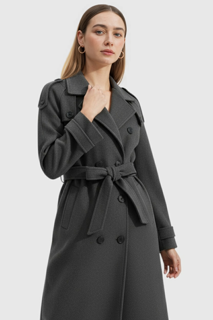 Coat : Women's Long Gray Double-Breasted Trench Coat with Belt in van Vanda Liamo