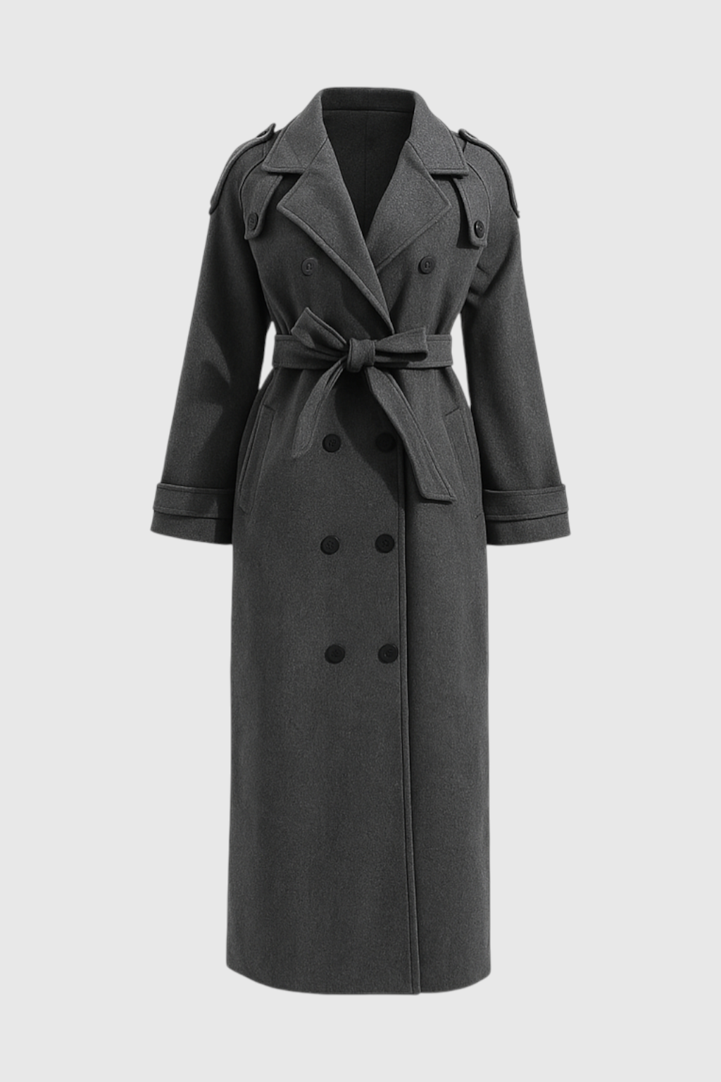 Coat : Women's Long Gray Double-Breasted Trench Coat with Belt in Grey van Vanda Liamo