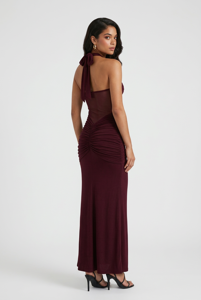 Maxi Dresses : Halter Maxi Dress for Women - Wine Red, Contoured Fit, Perfect for Evening Parties in van Vanda Liamo
