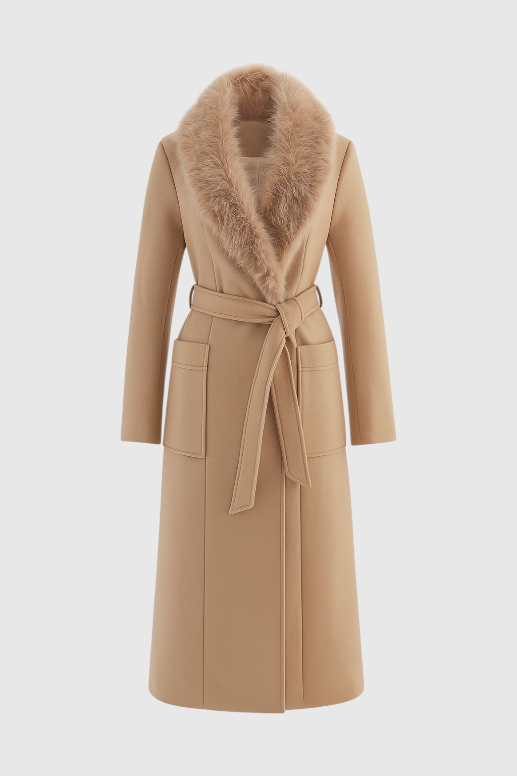 Coat : Women's Long Belted Winter Puffer Coat - Warm & Stylish Outerwear in Beige van Vanda Liamo