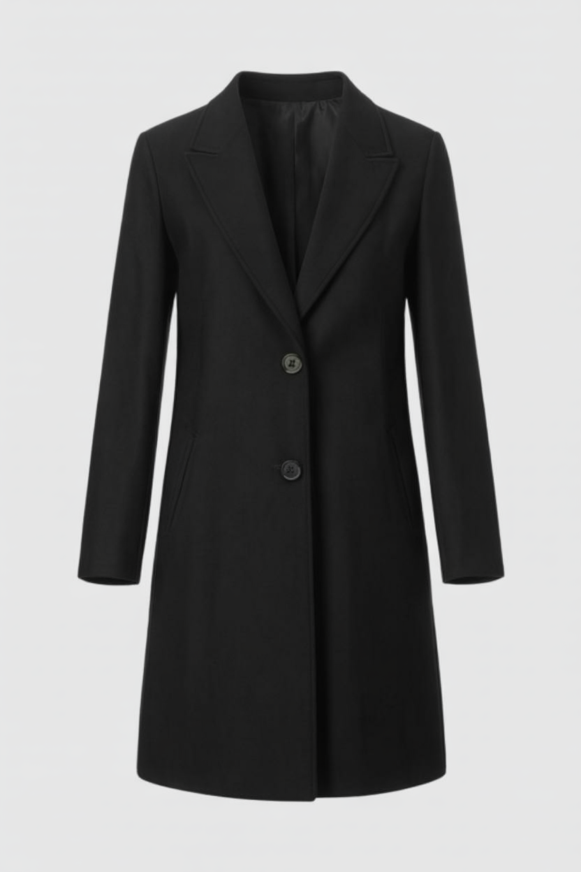 Coat : Women's Long Black Lapel Coat - Classic & Stylish Outerwear in Black van Vanda Liamo