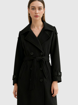 Women's Black Long Wool Blend Winter Coat with Belt, Pockets & Notched Lapel