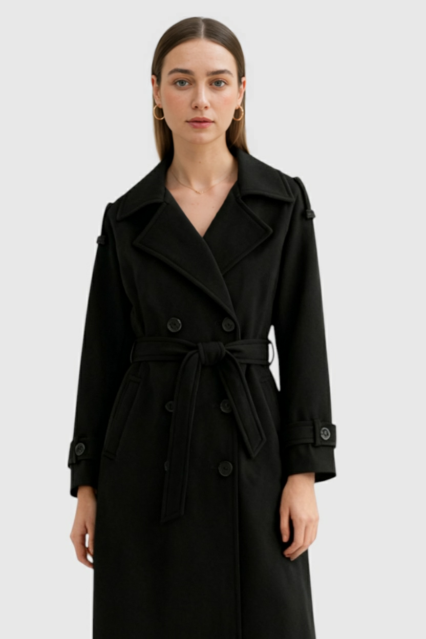 Coat : Women's Black Long Wool Blend Winter Coat with Belt, Pockets & Notched Lapel in van Vanda Liamo