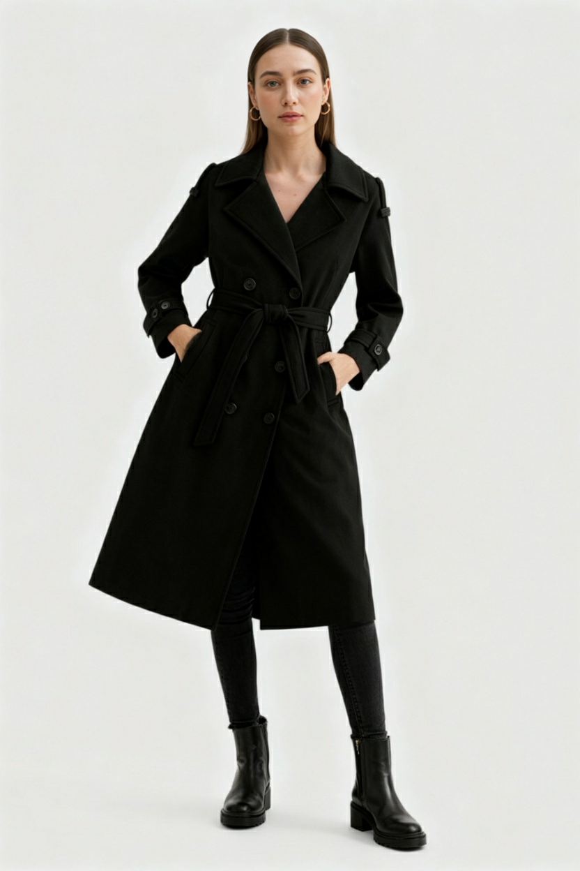 Coat : Women's Black Long Wool Blend Winter Coat with Belt, Pockets & Notched Lapel in van Vanda Liamo