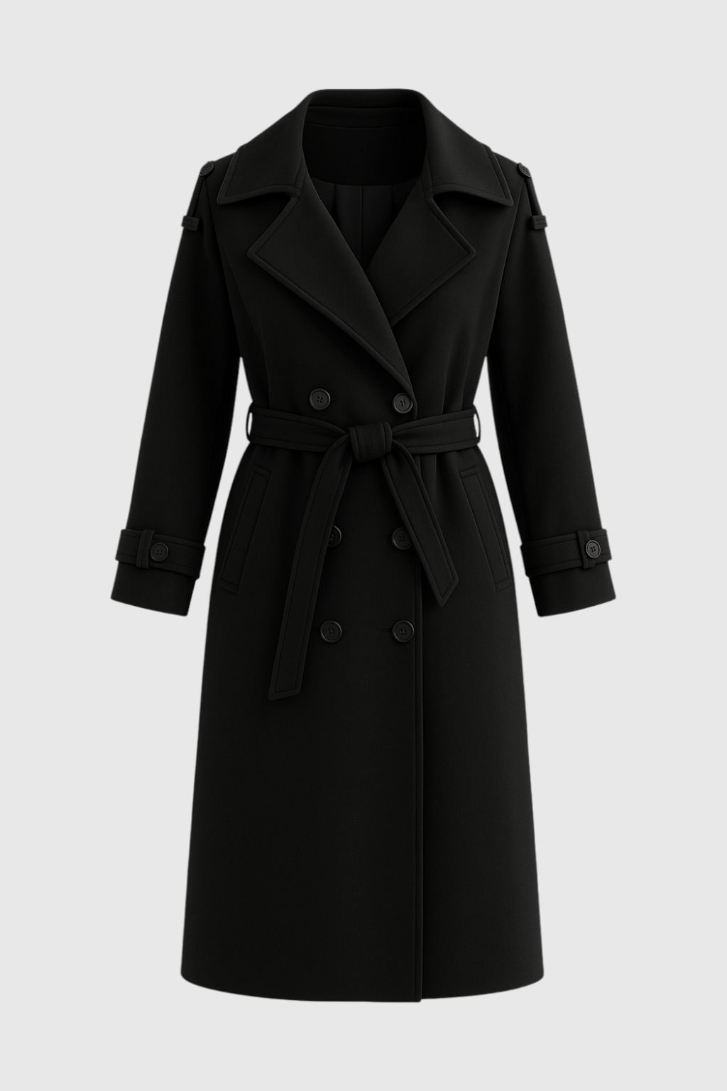 Coat : Women's Black Long Wool Blend Winter Coat with Belt, Pockets & Notched Lapel in Black van Vanda Liamo